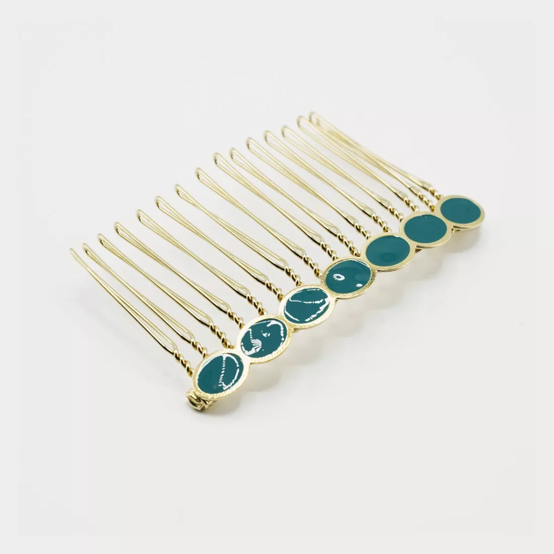 GYPSO I Barrette peigne à cheveux vintage émaillé - Joséphine - Doré - Bleu Canard